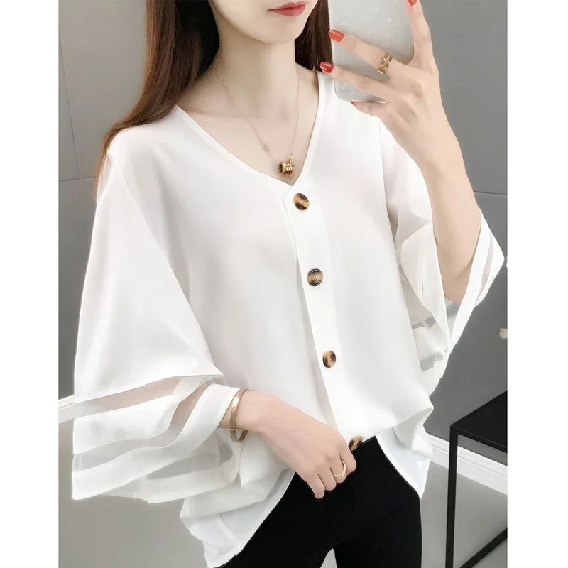 Elegant Vintage Spliced Button Chiffon Shirt Women 2023 Spring New Office Lady V-Neck Flare 3/4 Sleeve Oversize Loose Blouse