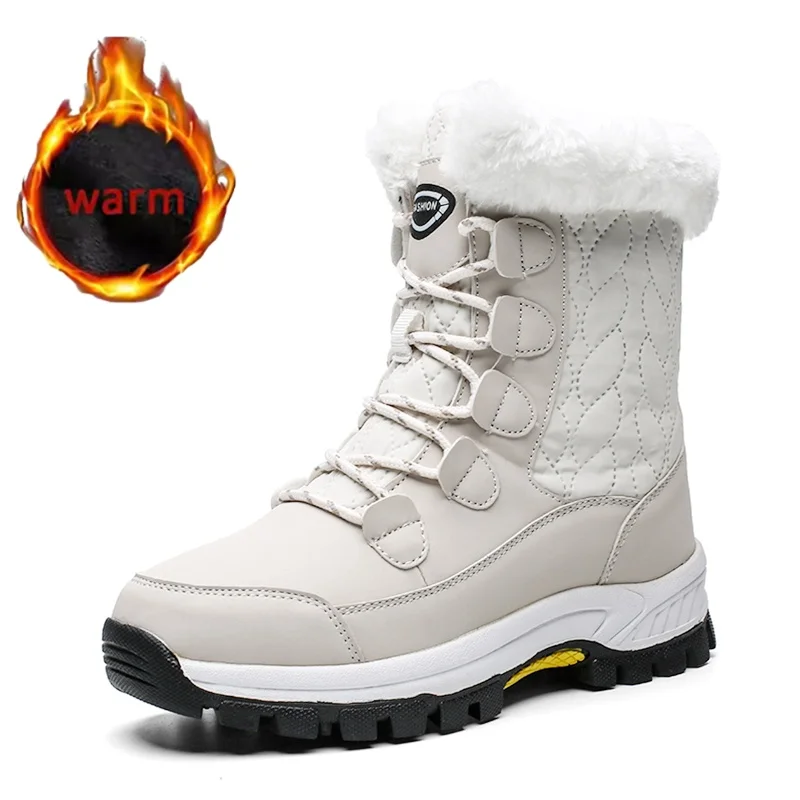 

Женские зимние зимние ботинки для путешествий на открытом воздухе, утолщенные высокие кеды на флисовой подкладке и утолщенные хлопковые туфли, ботинки до середины икры, противоскользящие
