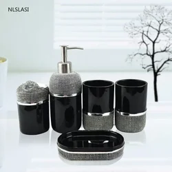 Simple Printing Resin Six Piece Set Bathroom Accessories Set Soap Dispenser Gargle Cup Toothbrush Holder Soap Dish with Tray