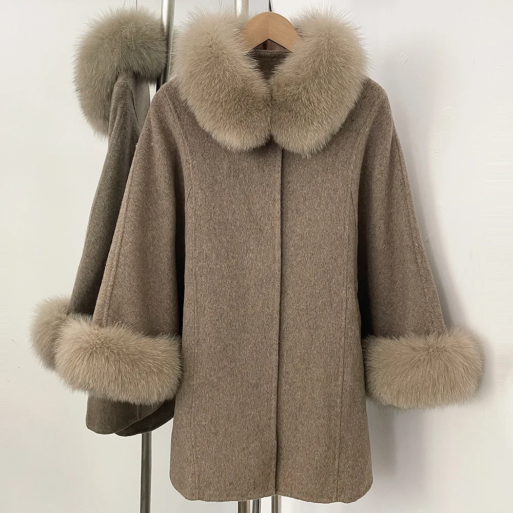 معطف صوف أسترالي 90% على الوجهين عباءة للنساء بياقة من فرو الثعلب الطبيعي وحزام للسيدات متوسط الطول ملابس خارجية من الصوف الدافئ #2