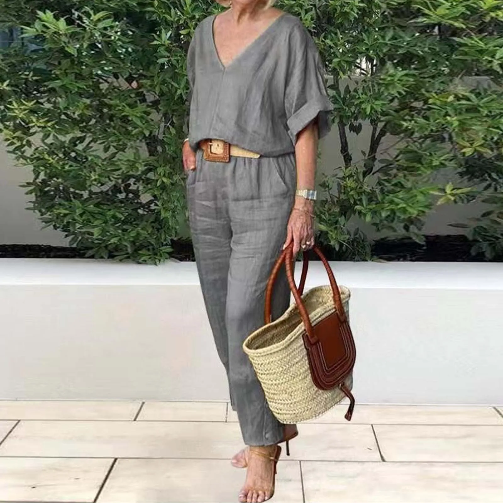 

Cotton Linen Women's Suit V-neck Top Casual Single Breasted Vintage Pocket Long Pants Set Female Trendy Fashion Clothes