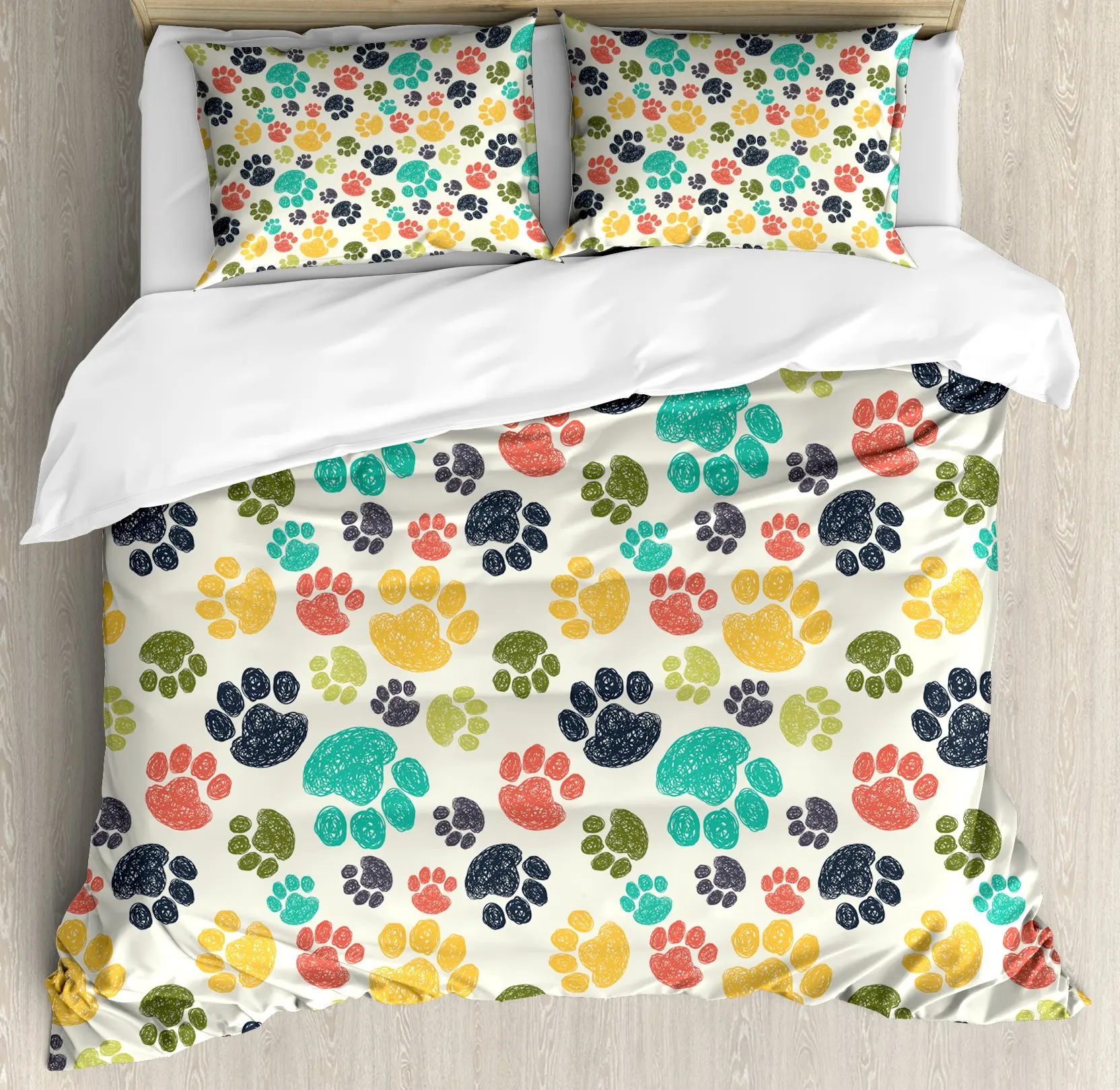 Dog Lover Duvet Cover Hand Drawn Paw Print Doodles Circular Pattern Drawing Style Animals Bedroom Decorations Coral Turquoise