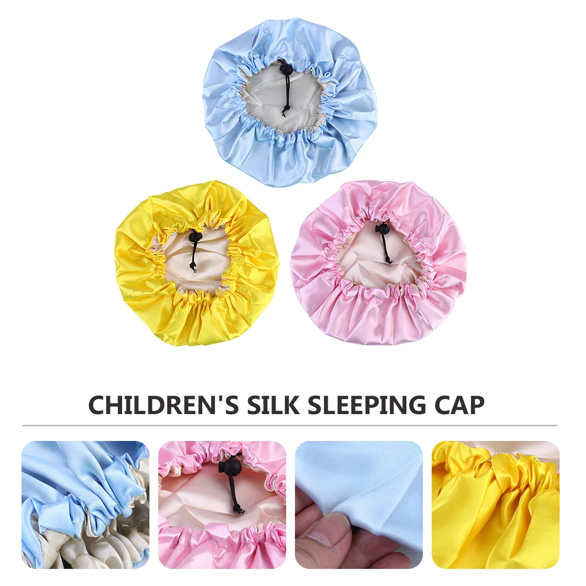 

3pcs Kids Sleeping Hat Adjustable Satin Hair Caps For Children Bath Night Use Elastic Fit 2-7 Years Old Home Daily Wear