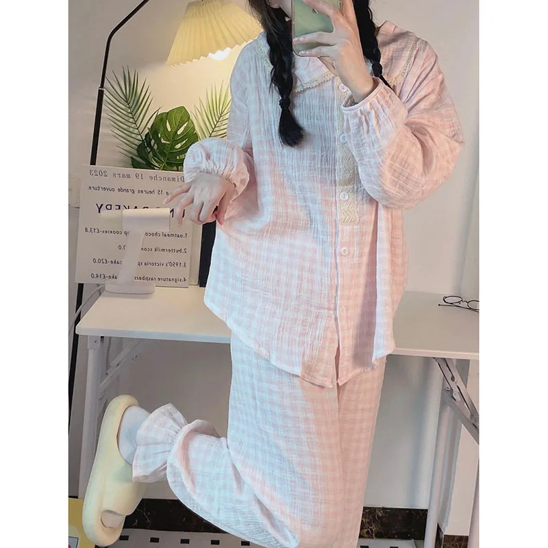 Plaid Sleepwear Women Pajama Sets Korean Piiama Ruffles Pants Sets for Women 2 Pieces Button Autumn Night Wears Lace Home Suit