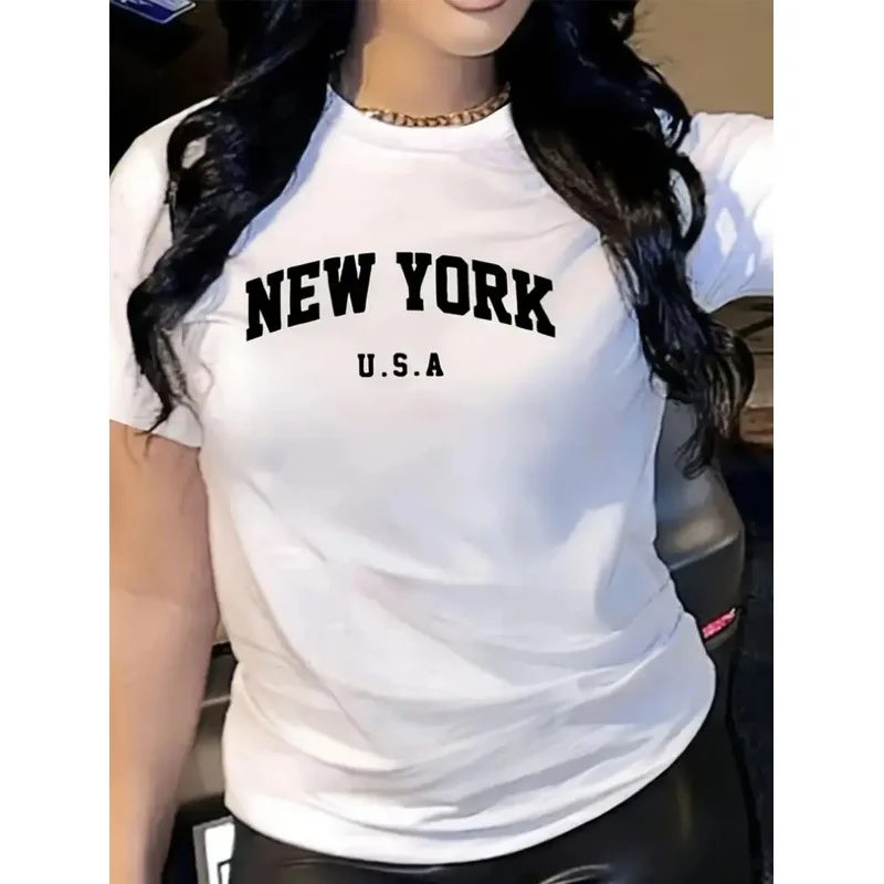 Camiseta de algodão com estampa de letras retrô americana solta ort sve redonda ne top casual para mulheres verão umidade ng
