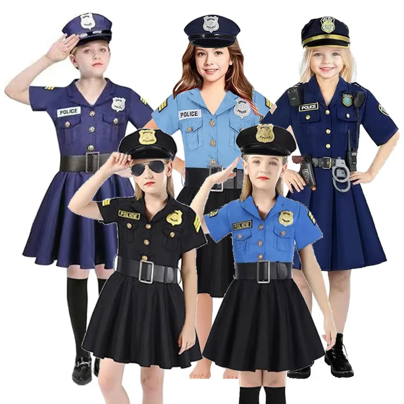 

Children Police Cosplay Costume Professional Clothing Blue Black Policewoman Dress Uniform for Girls Halloween Outfits