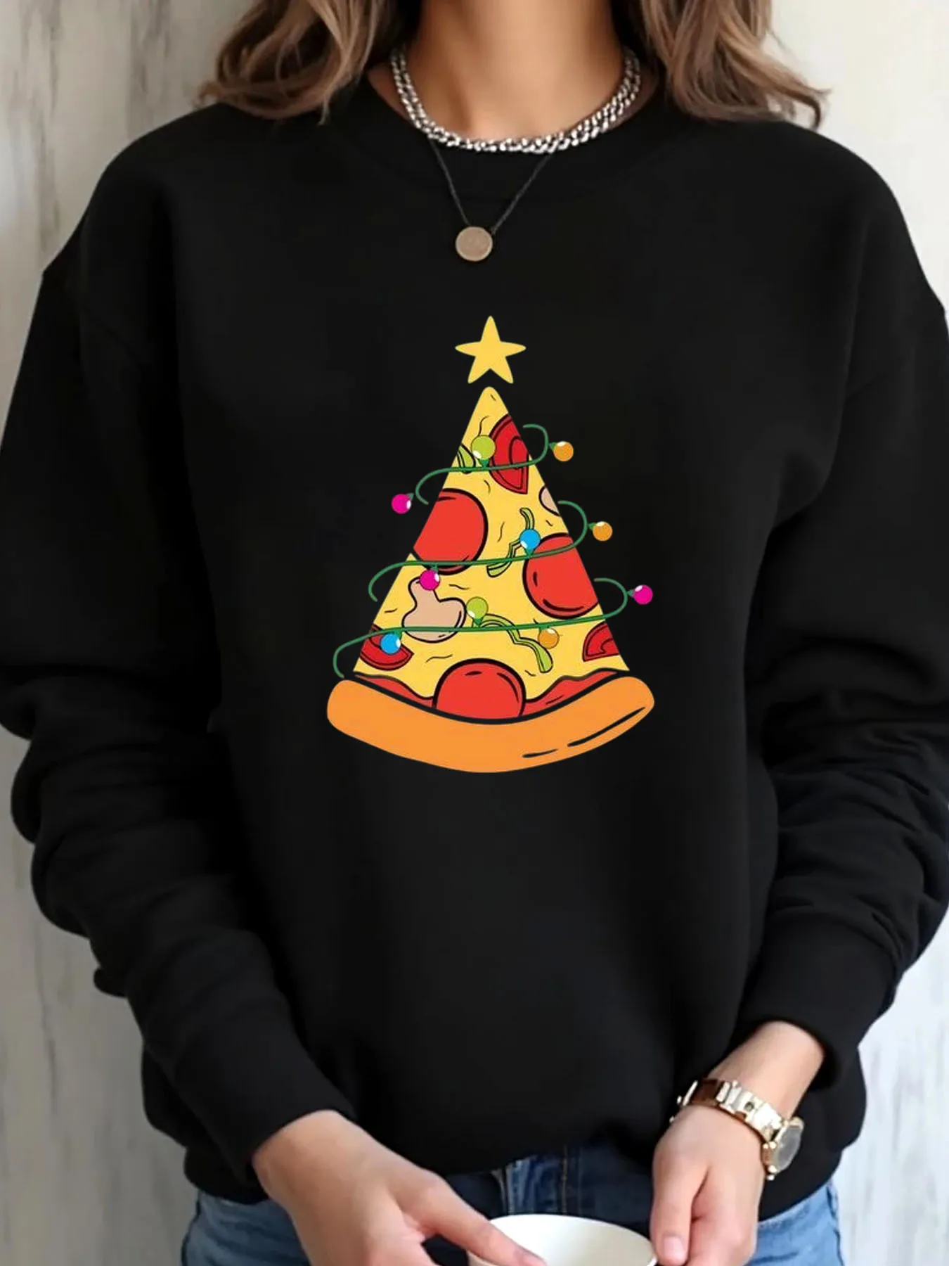 Dames oversized sweatshirt Kerst Pizza Tree Print Outdoor Wear