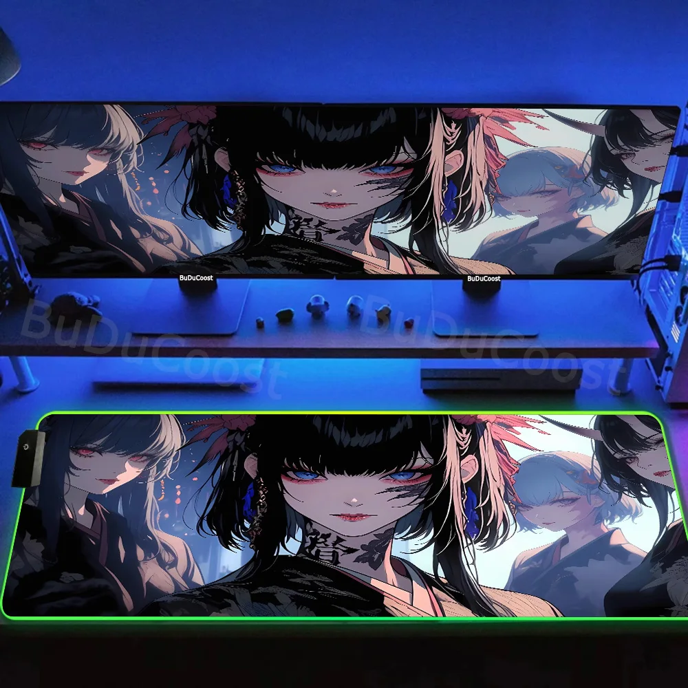 Imagem -01 - Anime Rgb Gaming Mouse Pad One Mask Girl Velocidade Table Pad E-sports Luminescência Mouse Mat Professional Premium Led Desk Mats anime rgb gaming mouse pad one mask girl velocidade table pad e sports luminescencia mouse mat professional premium led desk mats 01