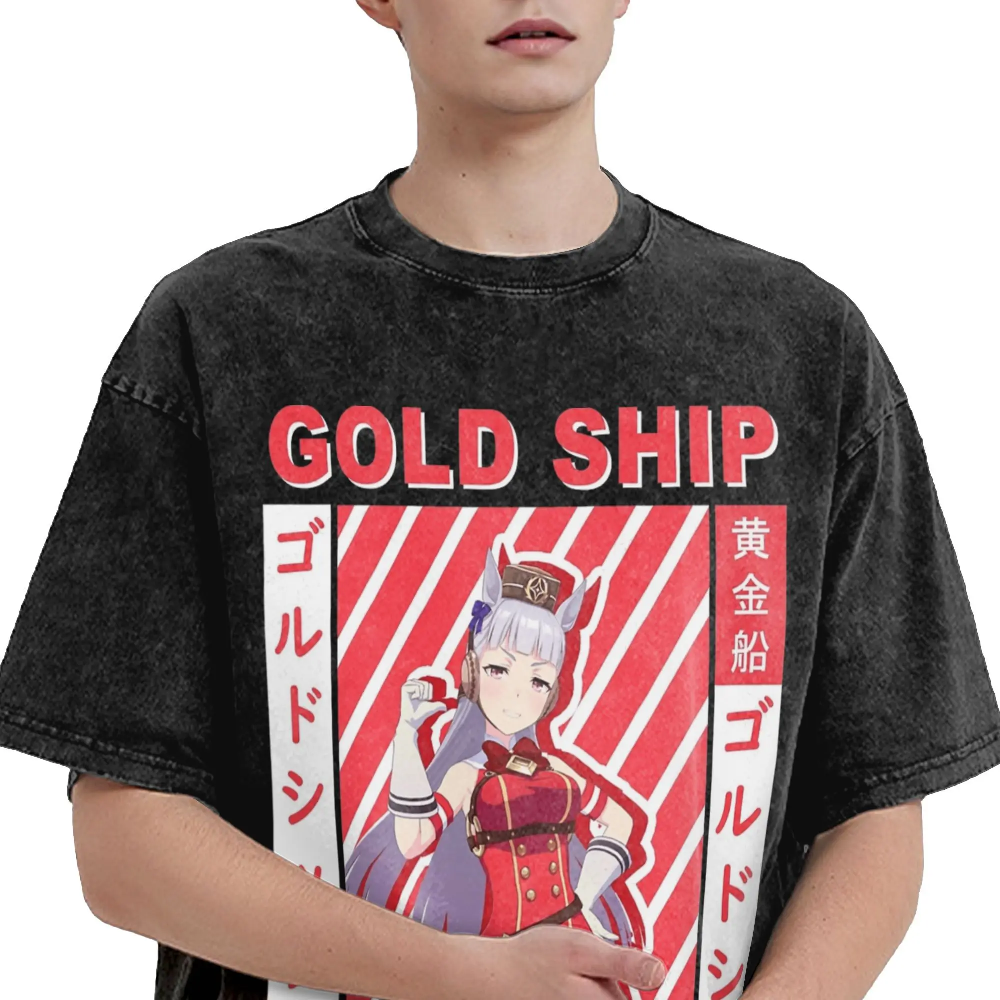 Uma Musume الذهب السفينة تي شيرت الهيب هوب تي شيرت قصيرة الأكمام الجمالية بلايز الصيف عادية س الرقبة المتضخم تيز