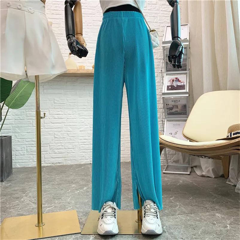 

Summer Long Trousers Women High Waist Ice silk Pleated Split Pants Vintage Streetwear Elegant Pants Bottoms