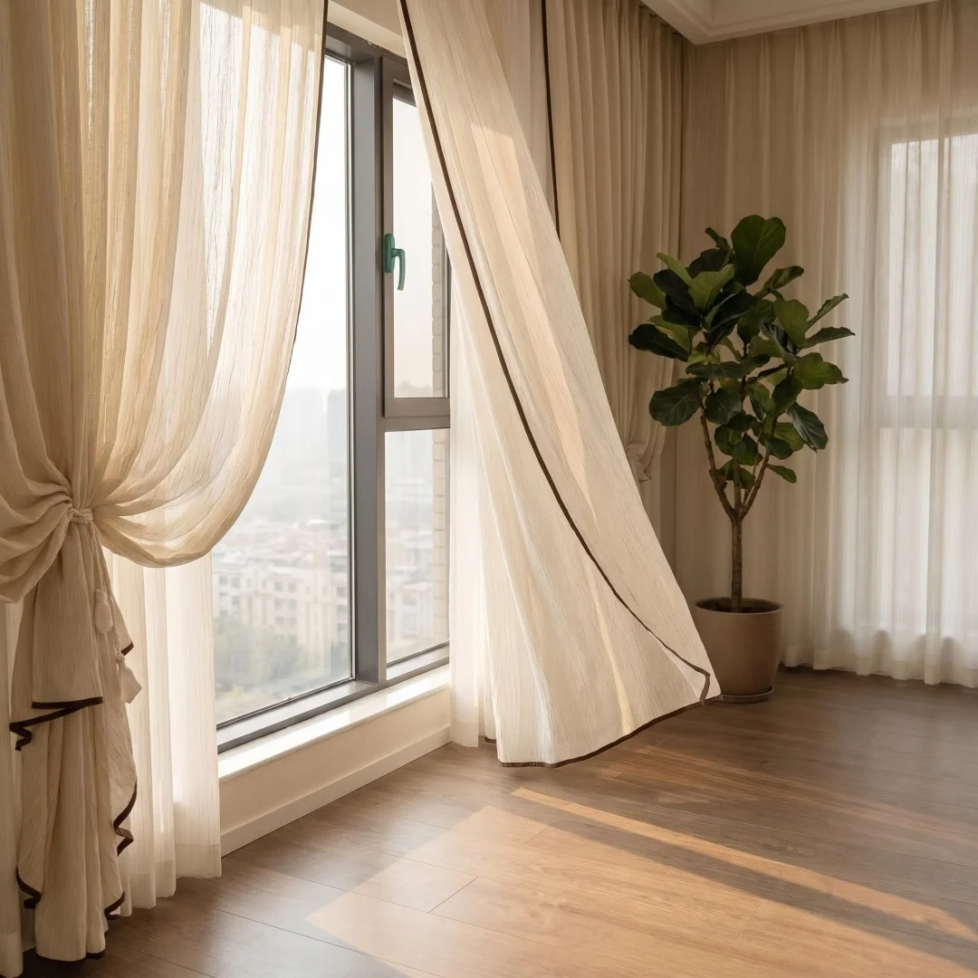Japanese-style simple texture vertical stripes retro curtains contrast edge bedroom atmosphere French window curtains.