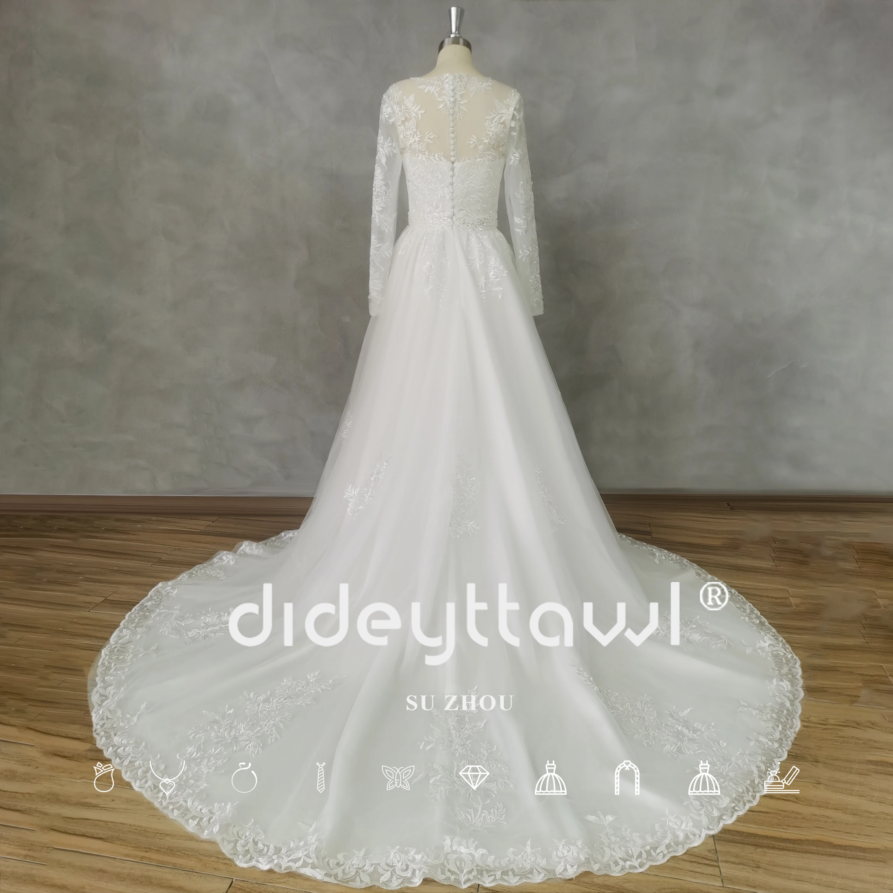 DIDEYTTAWL Real Picture Long Sleeves Deep V-Neck Lace A-Line Wedding Dress 2024 Button Back Detachable Court Train Bridal Gown