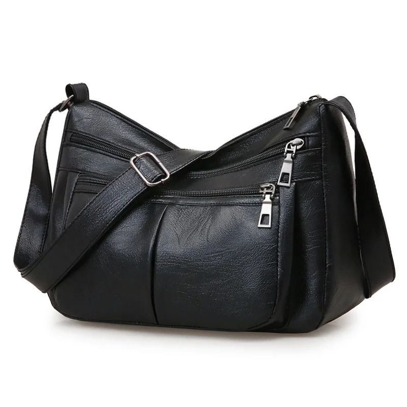 Vintage PU Crossbody Bag Retro Multi Layer Shoulder Bag Black Women's Fashion Handbag & Purse Female Work Travel Messenger Bag