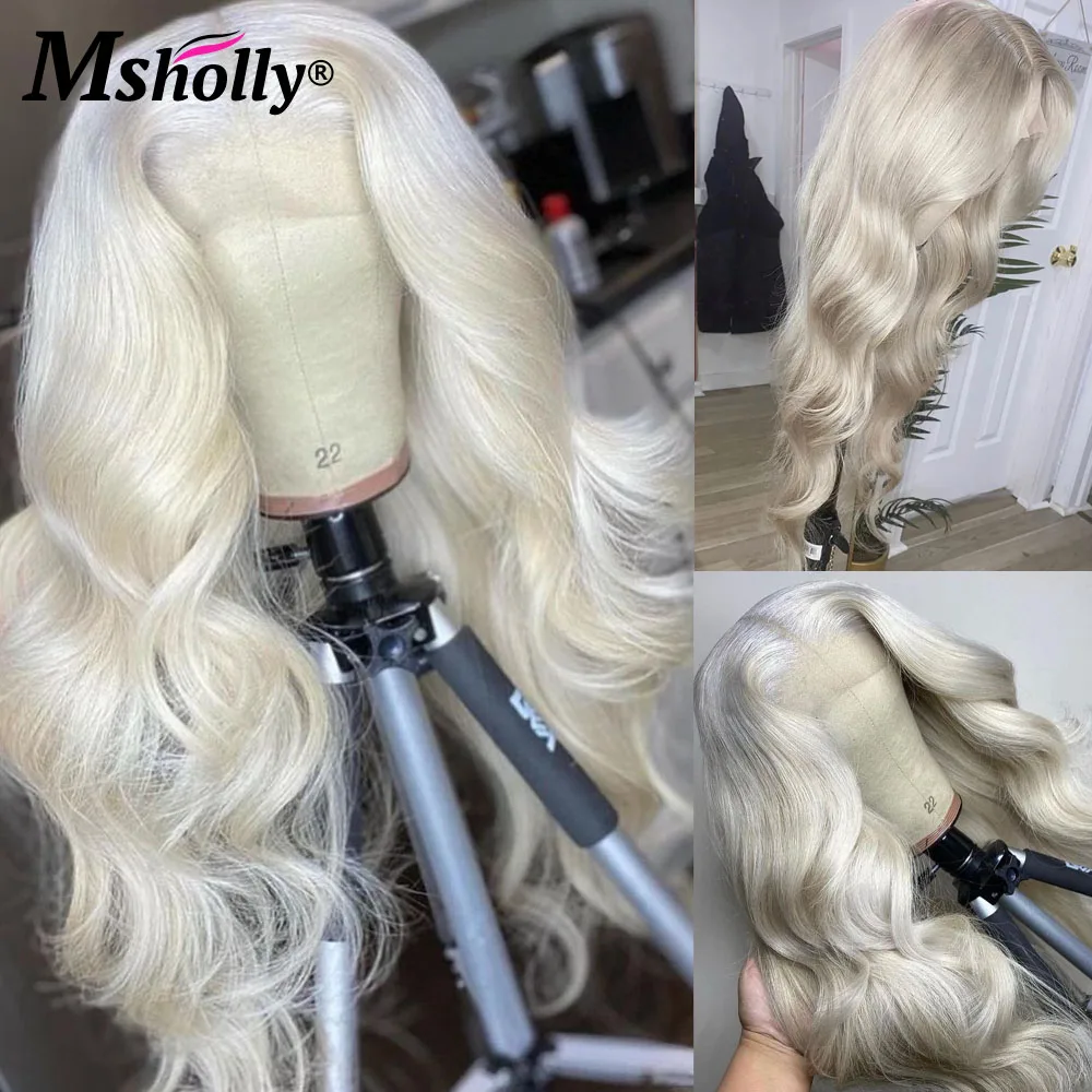 Perruque Lace Front Wig naturelle Remy lisse blond 60-platine, 13x4, densité 180%