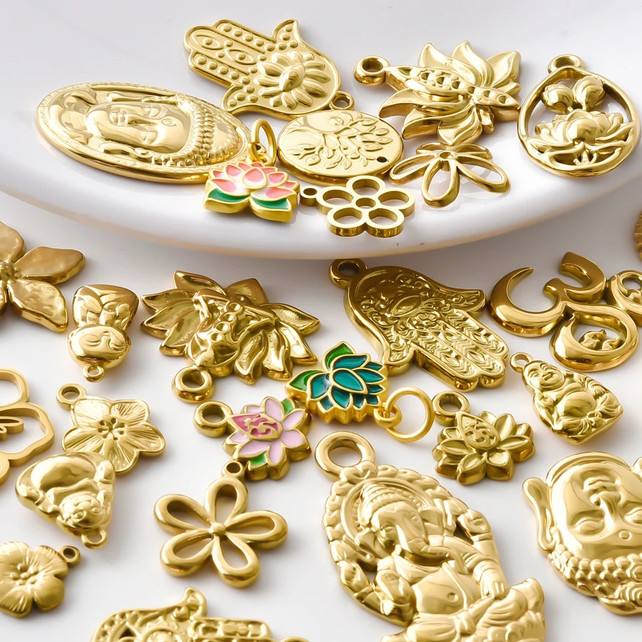 5pcs Gold Color Buddha Head Om Charm Fatima Hand Tree Lotus Stainless Steel Pendant For Jewelry Making Necklace Keychain Finding