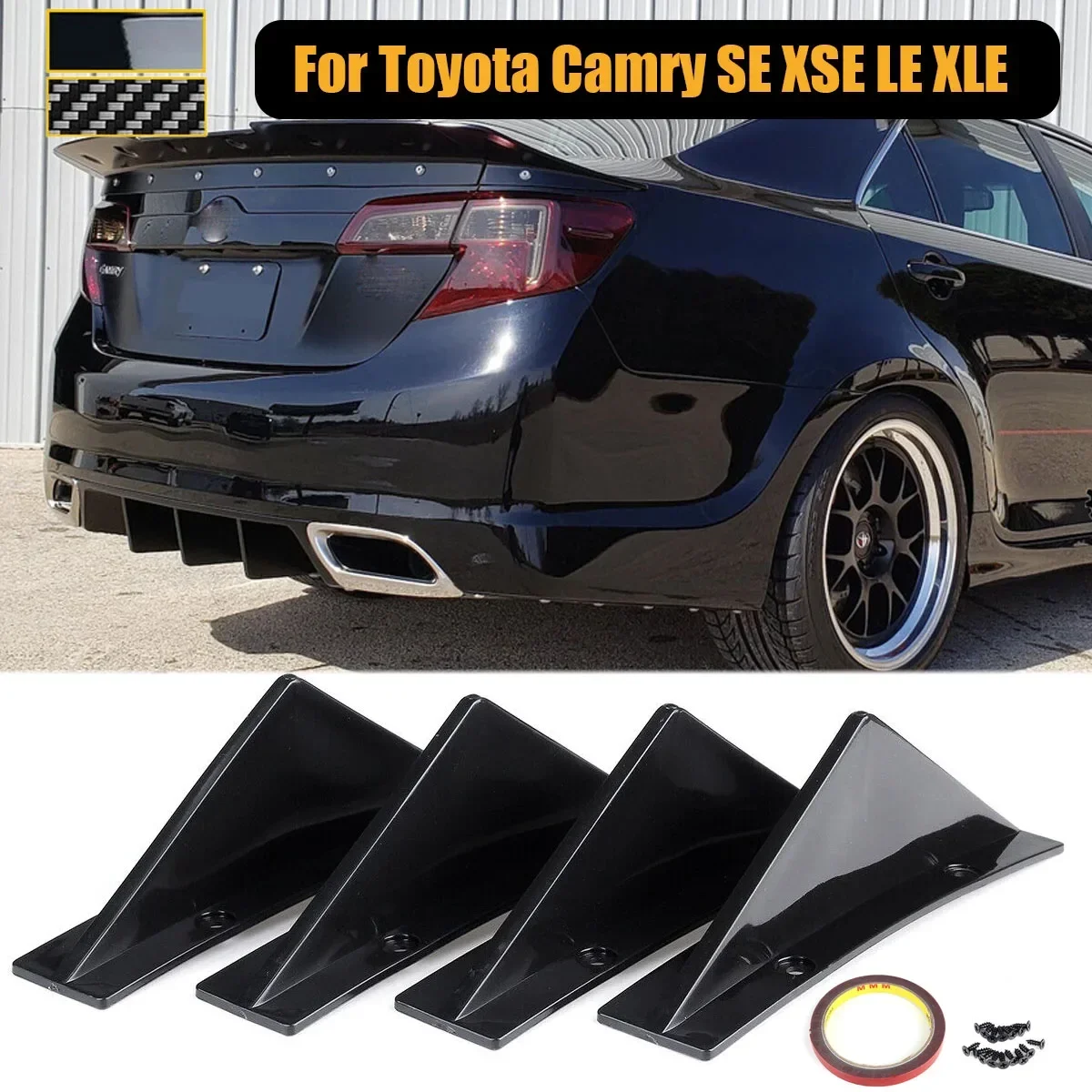 4PCS/SET Curved Rear Bumper Lip Diffuser Shark Fins Spoiler Body Kit Universal For Toyota Camry SE XSE LE XLE Car Accessories