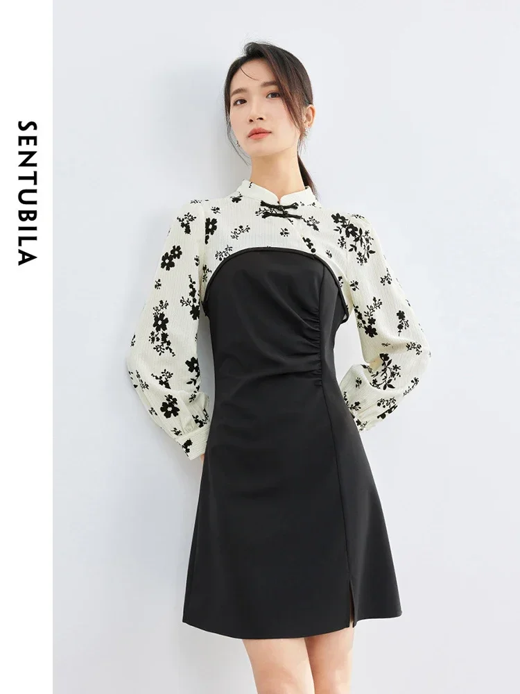 SENTUBILA 2 Piece Women Dress Sets 2025 Spring Autumn Stand Neck Cropped Printed Knit Tops Elepant Fitted Black Dress 141Z53174X