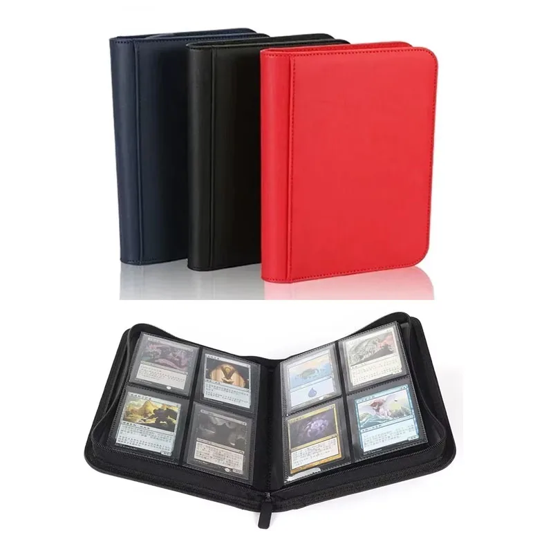 PU Leather 160 Pockets Cards Side Loading Binder TCG Game Zipper Card Album With 4 Sealed Fixed Pockets Pages For MG/PKM/FOW/YGO