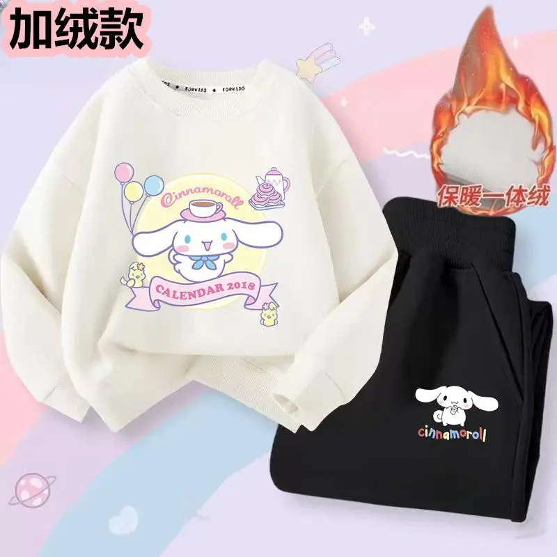 Anime Sanrioed Kids Fashion Suit Cinnamoroll Boys Girls Casual Sweater Suit Cartoon Tops Pullover Pants Outer Wear High Quality