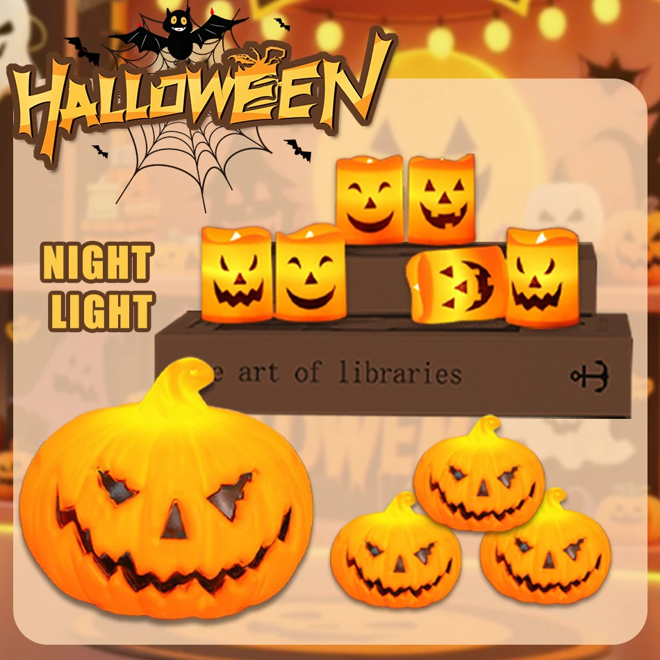Luzes de abóbora LED para Halloween, Jack-O'-Lantern, pequenas luzes de chá cintilantes laranja, para Halloween, decorações de festival de outono