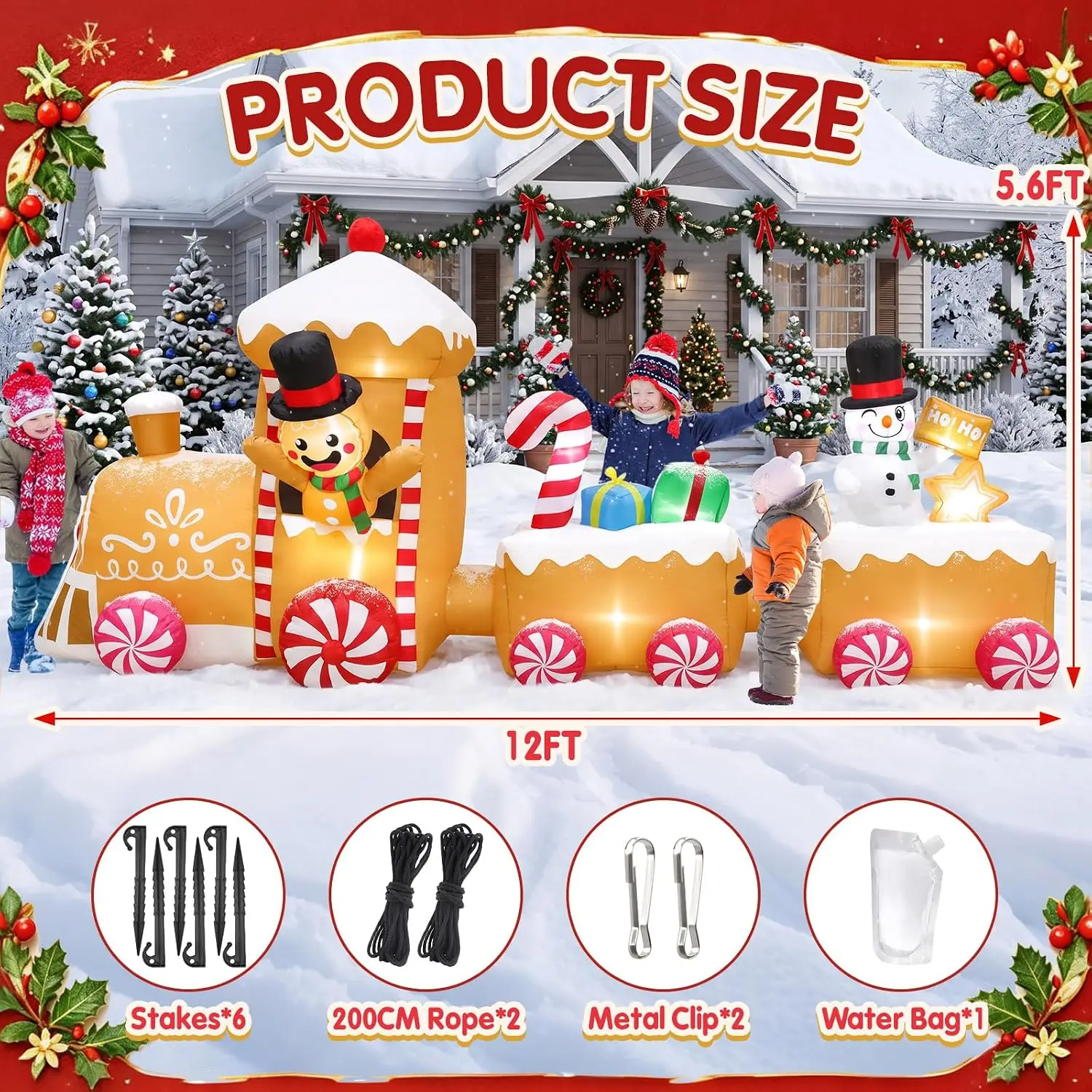 Christmas Inflatable Train Decoration, 12-Foot Holiday Display Featuring Gingerbread Man and Snowman