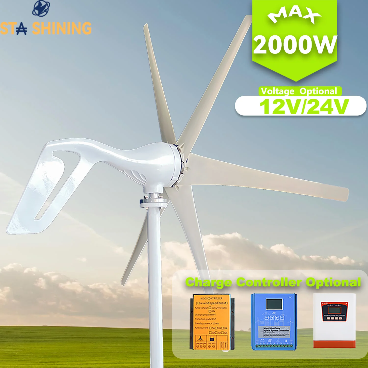 

【Higher-Output】Horizontal Wind Turbine Generator 2000W Windmill w/MPPT Charger/Hybrid Solar Wind Power System, Home Use 6 Blades