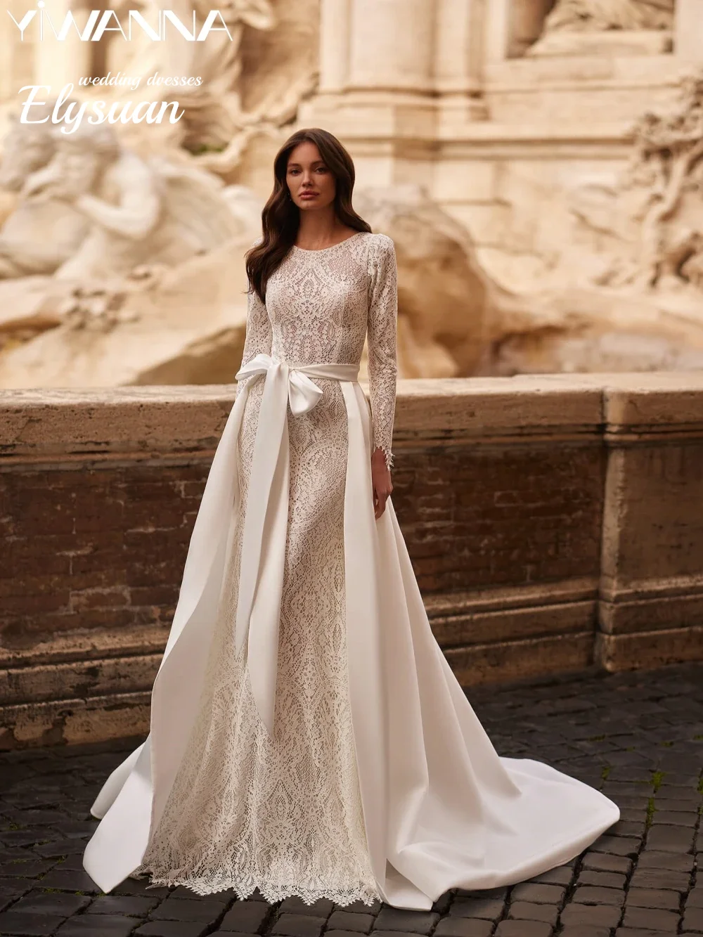 

Индивидуальное свадебное платье-русалка с отстегивающимся шлейфом, классическое, с круглым вырезом, винтажное кружевное, Vestidos De Noiva