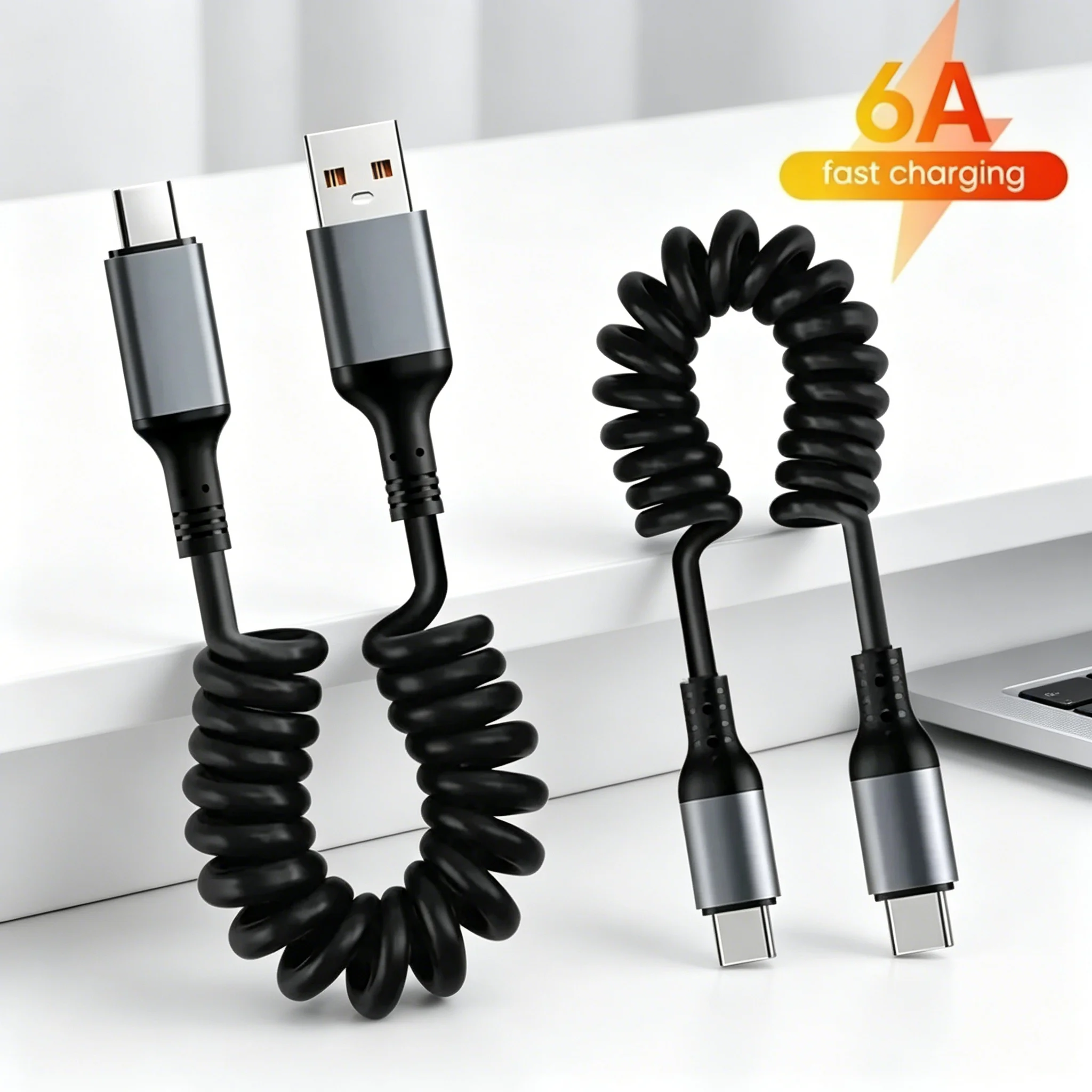 66W 6A USB Type C Cable PD Fast Charging Retractable Spring Data Cord USB C Charging Phone Wire For iPhone Samsung Xiaomi Huawei