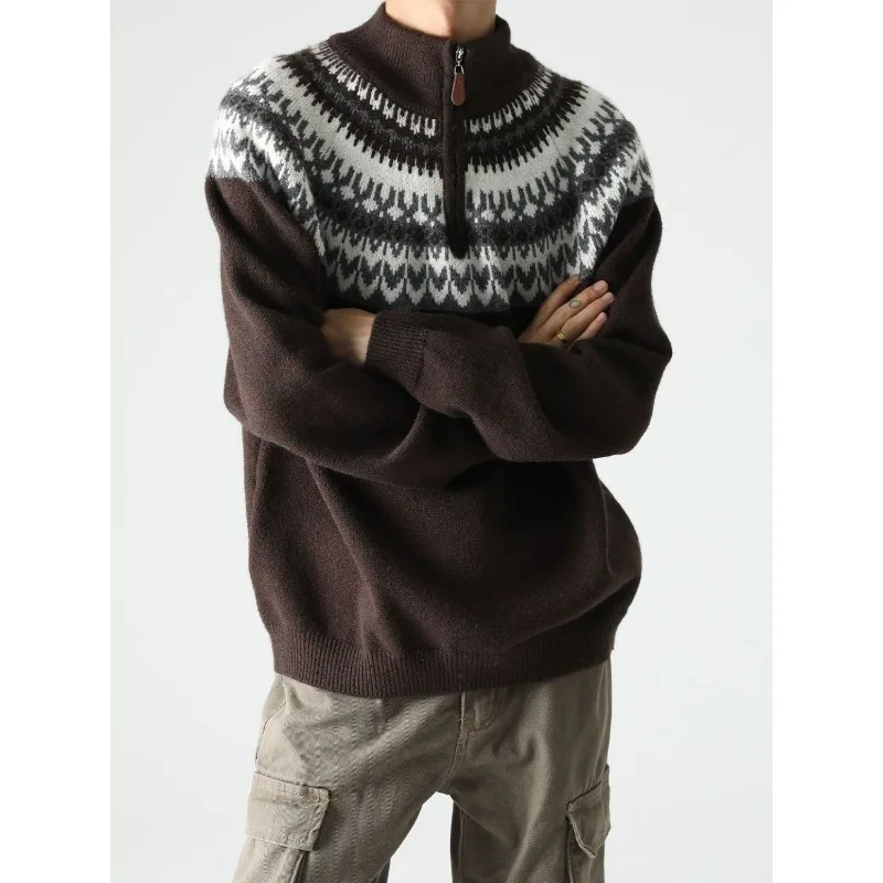 

2026 Pullover Fashion Sweater Men's and Women's Same Winter New Thickened Retro Semi-turtleneck Zipper Couple Knitted Sweater