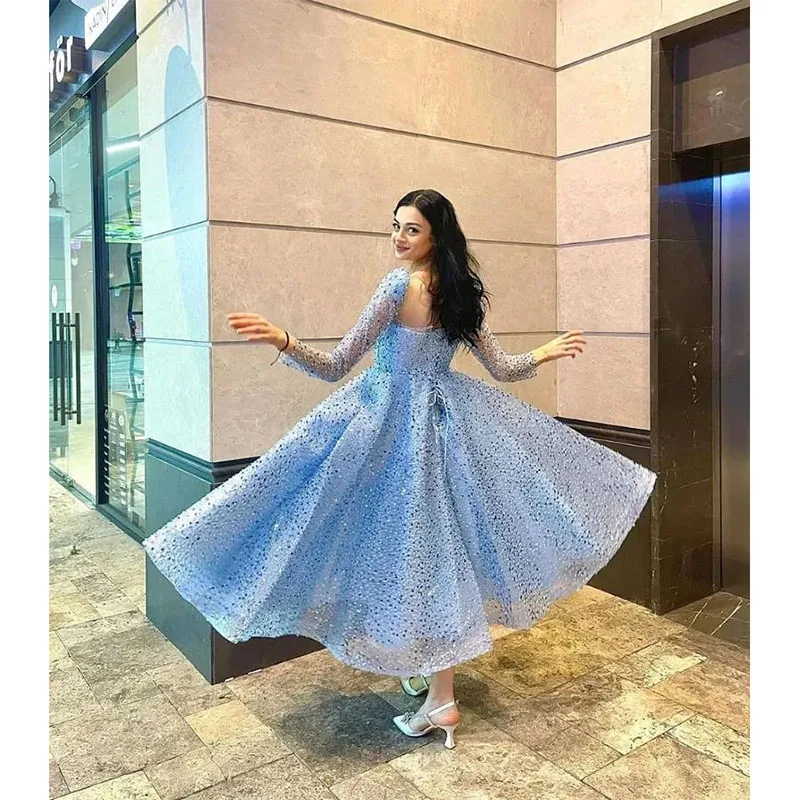 Ocean Blue A Line Evening Dresses Glitter Sequined Prom Gowns 3/4 Sleeves Ankle Length Party gowns Lace-Up Club Banquet Dress