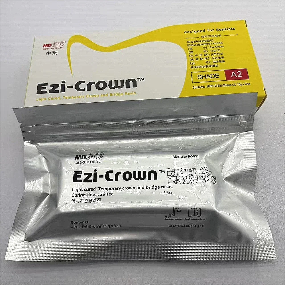 Dental Temporary Crown and Bridge Resin Material Ezi Crown LC Light Cure Temp Inlay Relining Korean Mediclus Dentistry Products