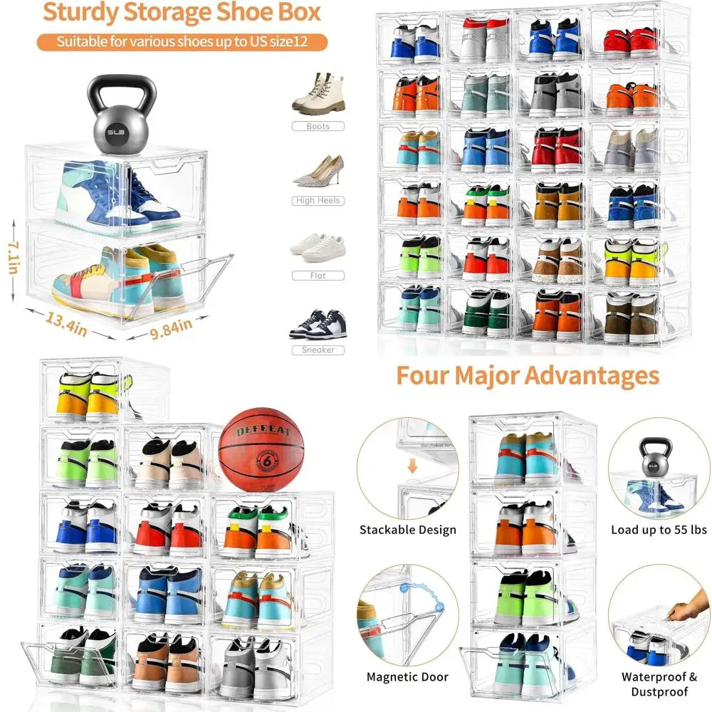 

Clear Shoe Organizer with Magnetic Closure, Stackable Plastic Shoe Boxes for US Size 12, Ideal for Sneaker and Boot Storage