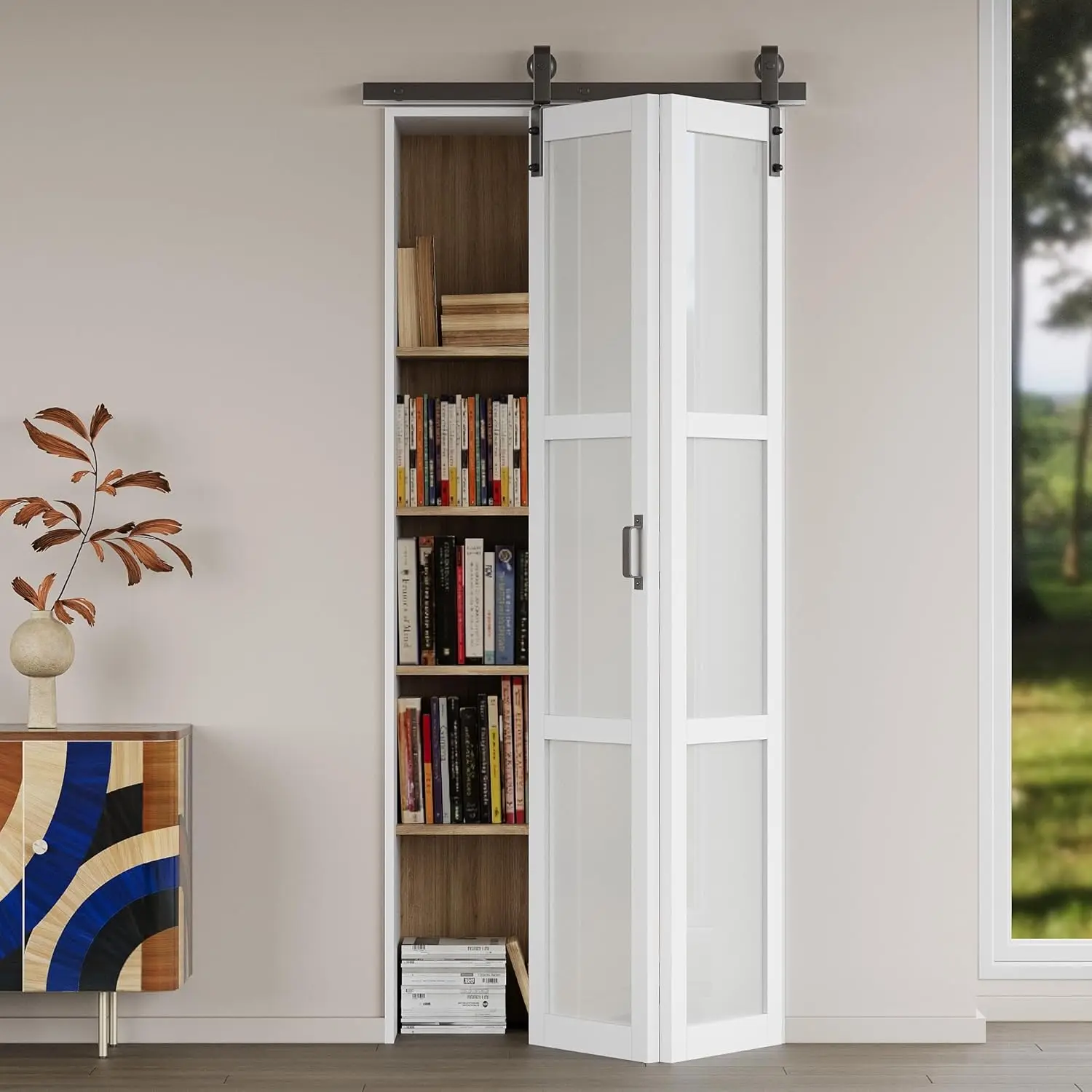 

Paintable Bifold Barn Door with 3 Lite Frosted Tempered Glass, Pre-Assembled Solid Core Panels Bi Fold Barn Door with Effective