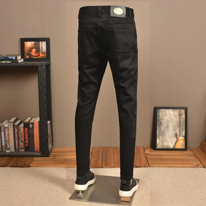 Jeans rasgado preto elástico magro masculino, calça lápis, designer Hip Hop Denim, bolso com zíper, moda de rua