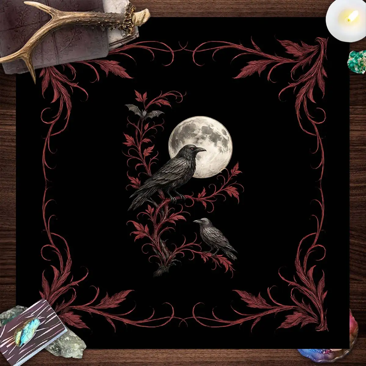 Triple Moon & Crow Altar Cloth Tarot Tablecloth For Spread Tarot Reading Cloth Floral Tapestry Witchcraft Board Game Card Pad view 5