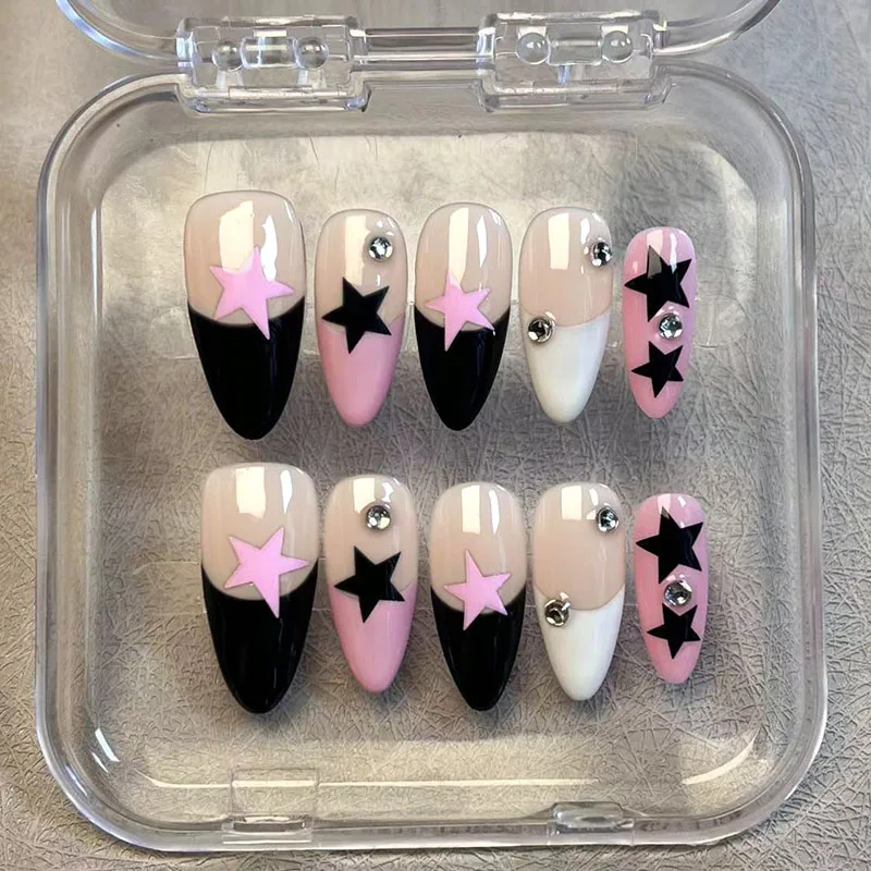 

10 шт., черные, розовые звезды, французские накладные ногти ручной работы, глянцевые короткие миндалевидные носимые накладные ногти, принадлежности