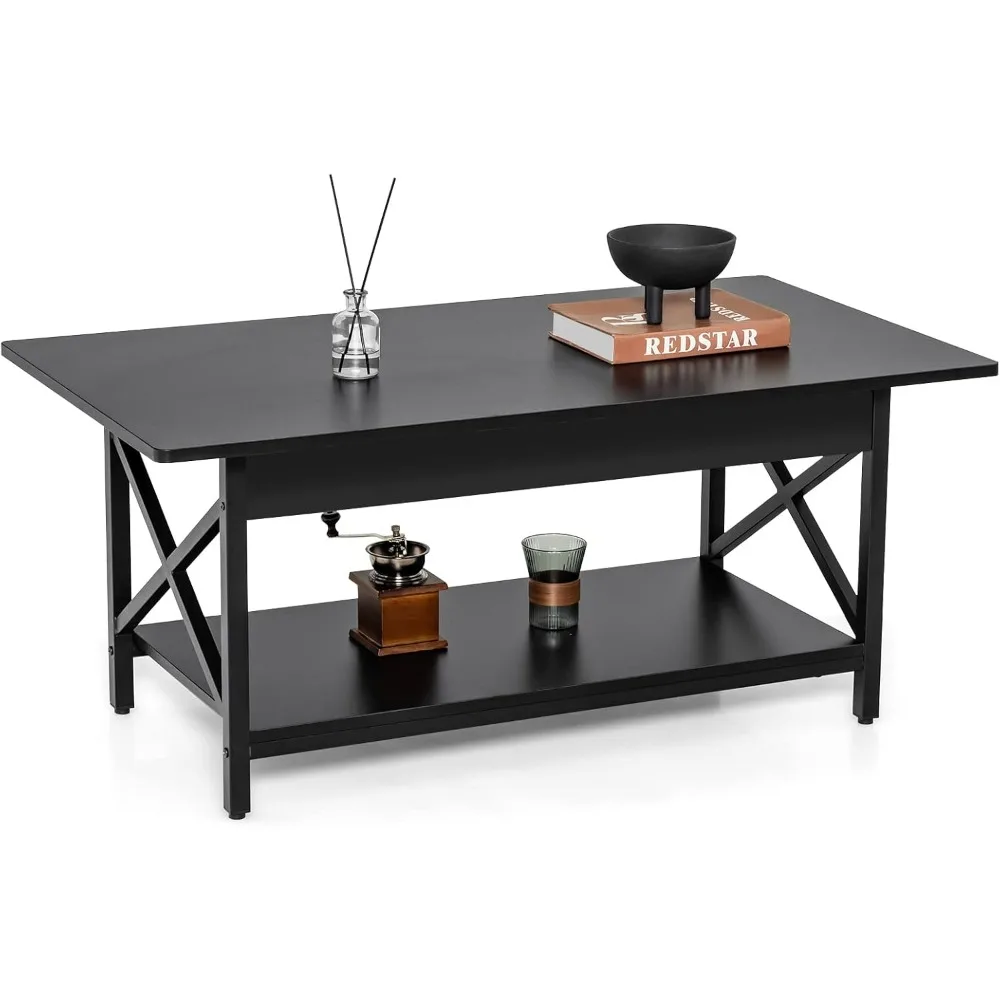 

Industrial Coffee Table, 2-Tier Wood Cocktail Tea Table with Storage Shelf and X-Shape Steel Frame, Rectangle Sofa Side Accent