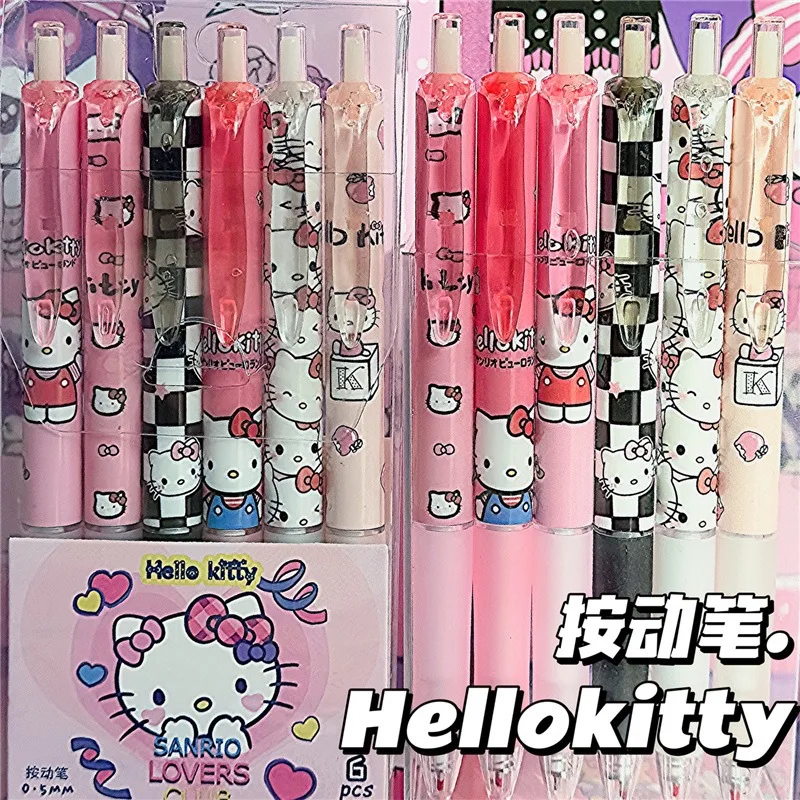 6Pcs Cartoon Sanrio Gel Pen Hello Kitty Kuromi ST Quick Drying Black 0.5mm Press The Ballpoint Pen Learning Stationery Gifts