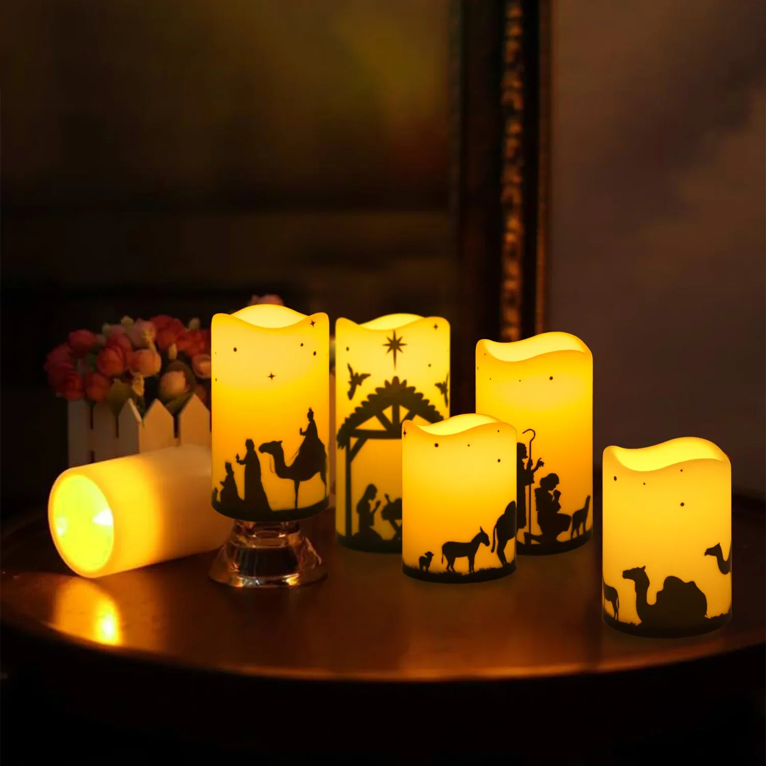 

5pcs Flameless LED Christmas Nativity Scene Candle Lights Battery Powered Religious Pillar Decoration for Indoor Holiday Home