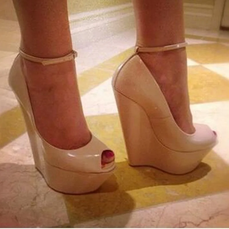 Nude Patent Leather Open Toe Wedge Shoes Ankle Strap High Platform Super High platform Dress Heel Pumps Size46