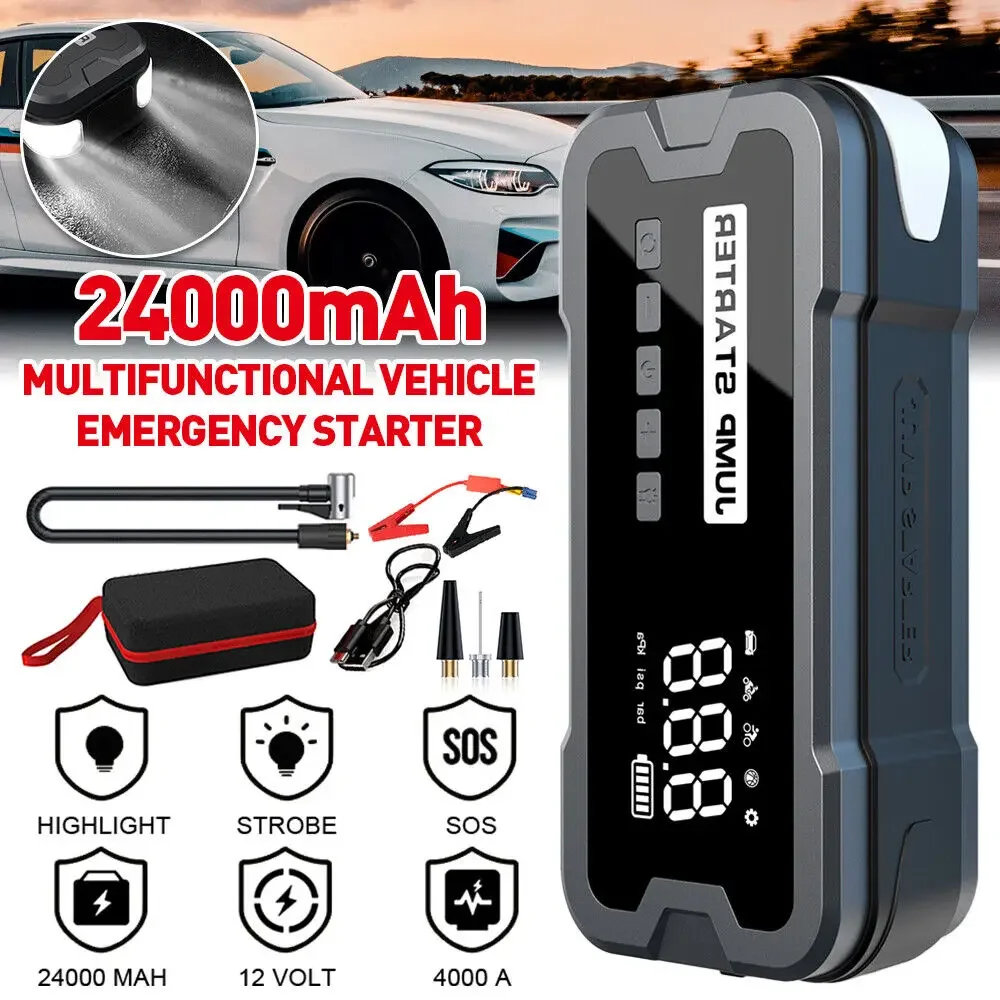 

24000mAh Car Jump Starter Air Pump 25 Cylinder Inflatable Pump with Air Compressor Jumper Box Power Bank Battery Charger