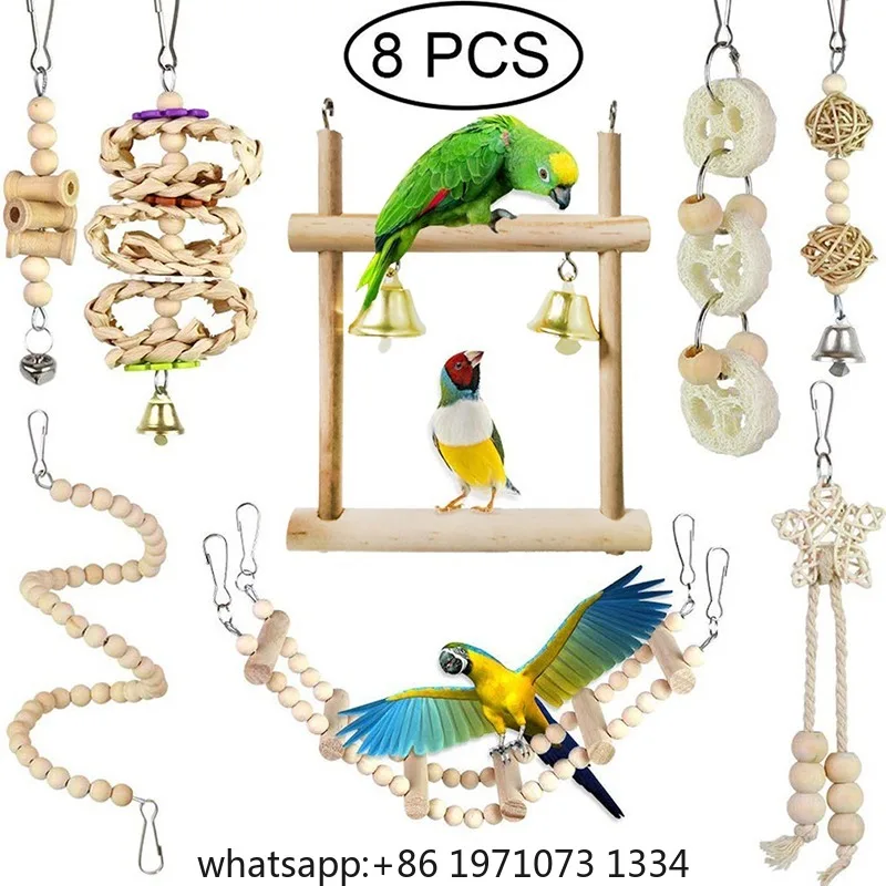 1/8PCS Set Combination Parrot Bird Toys Wood Articles Bite Pet Bird Toys For Parrot Training Bird Toy Swing Ball Bell Standing