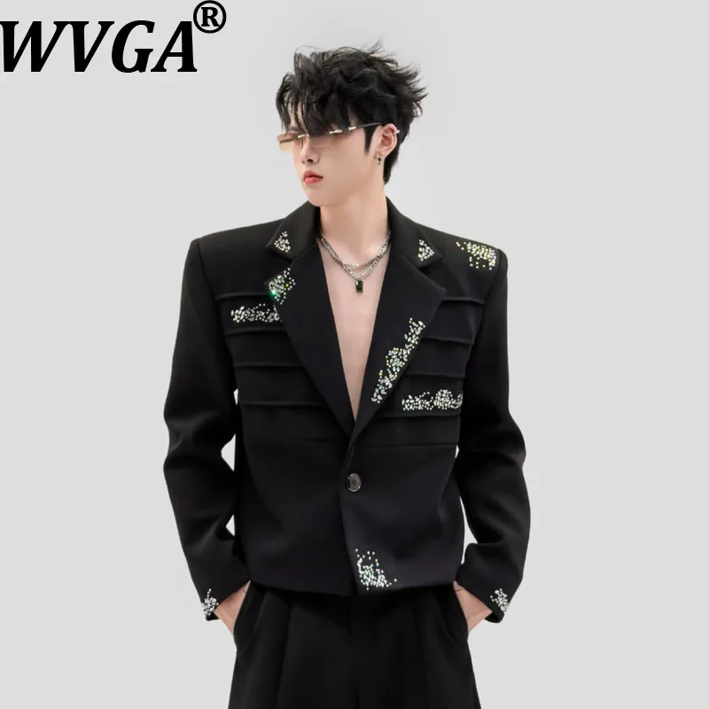 WVGA Autumn New Men Diamond Trendy Short Suit Coats Pleated Padded Shoulder Niche Chic Casual Turn-Down Collar Blazer Ins W28042