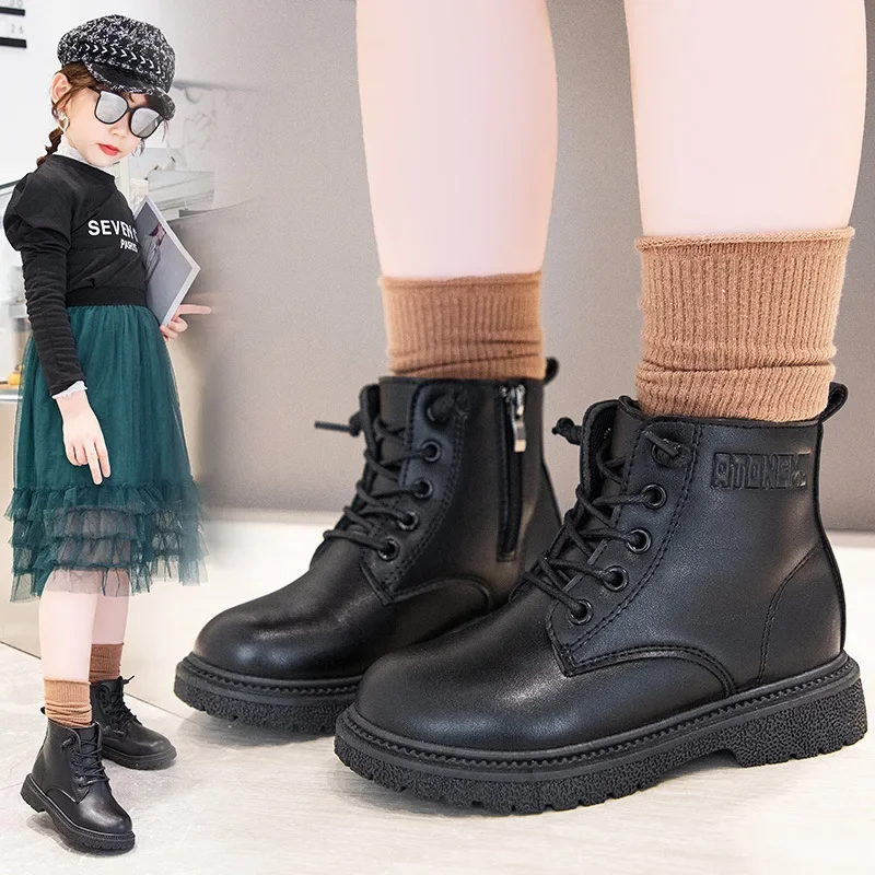 Soft Soled Comfortable Leather Boots Black Boys Side Ankle Boots Trendy Wiinter Shoe for Girl Kids Shoe for Girl Paltform Boots