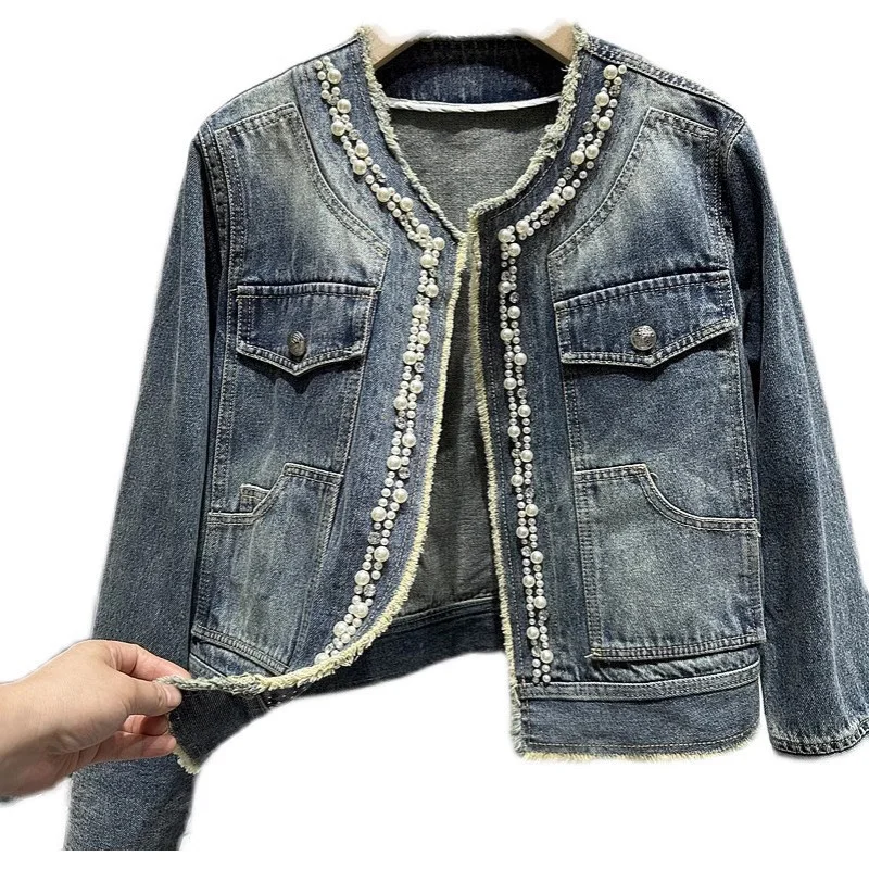 Beading Denim Jacket For Women Short Coat Spring Autumn Fashion O-neck Rough-edges Open Stitch Tops Lady Streetwear Jean Jackets