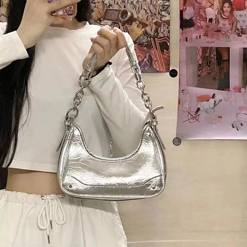 

women Bag Underarm Bag Chain Handbag Women's Shoulder Bag Female Crossbody Bag Pu Silver Black Handbags Clutch Purse