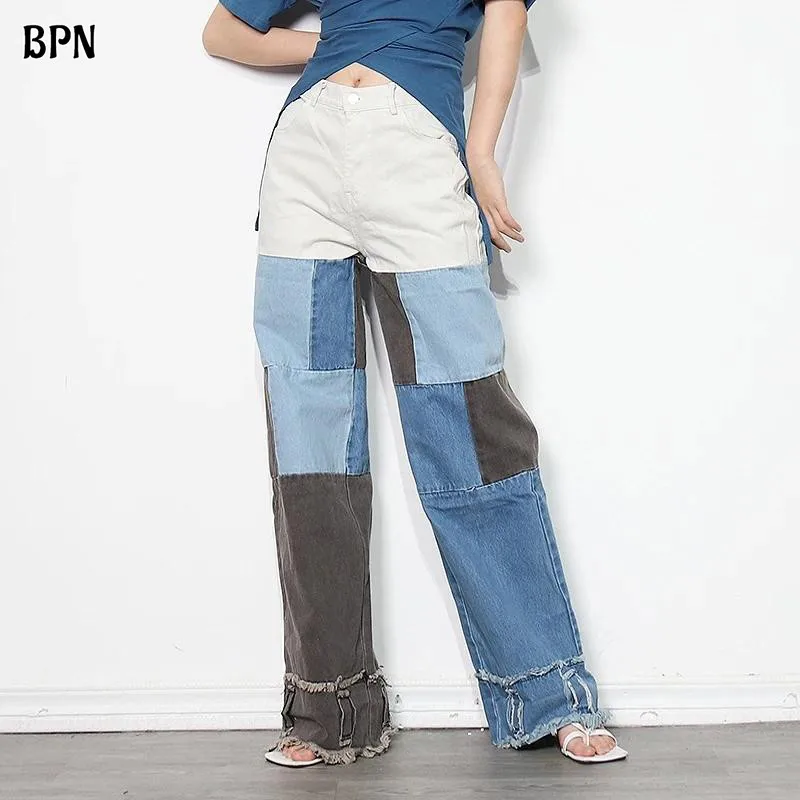 

BPN Casual Patchwork Denim Pants For Women High Waist Spliced Pockets Hit Color Vitage Loose Wide Leg Jeans Female Fashion Style