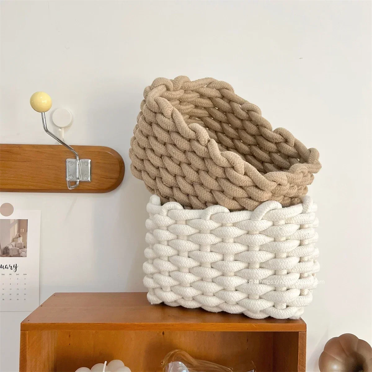 Nordic Cotton Rope Woven Small Storage Basket Rectangle Cotton Rope Storage Desktop Sundries Make Up Organizer Home Decor