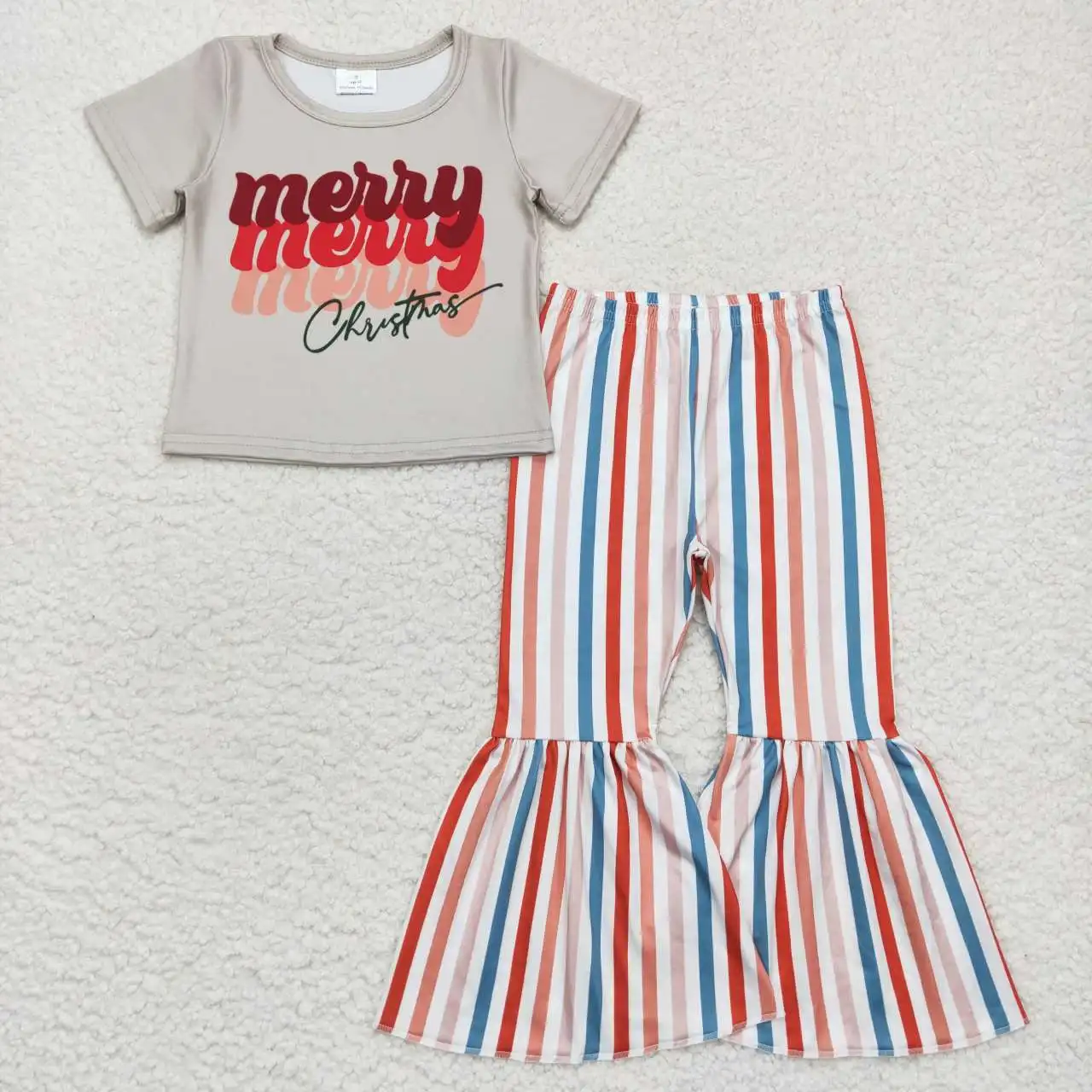 Z923-15 Wholesale New Girls Summer Short-Sleeved Christmas Suit With Multi-Element Colorful Striped Bell-Bottom Pants