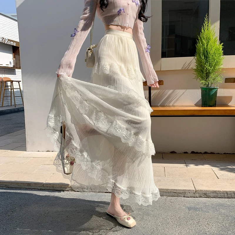 Lace Panel A-Line Midi Skirt Women's Spring 2026 Loose Cake Style Half-length Skirts New Arrival